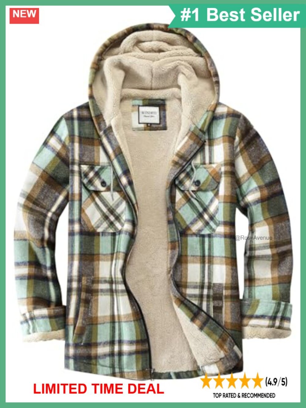Full Zip Fleece Flannel Jacket Plaid Sherpa Lined Hooded Shirt Jacket